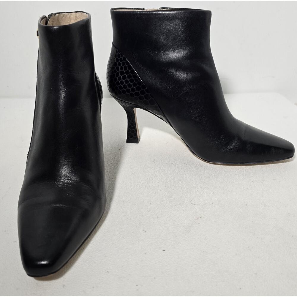 Louise Et Cie Black Leather Lenah Heel Ankle Boot Solid/Snake Embossed Womens 7